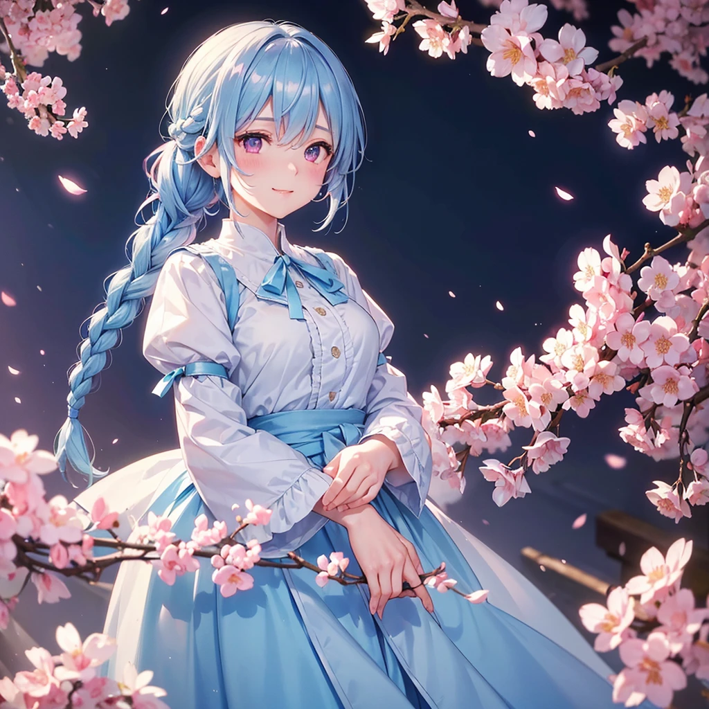 (Light blue medium hair),(Braided hair tied together)、Pink eyes、Fair skin、(whole body)、(uniform)、Cherry Blossoms at Night、A big smile、A dignified figure、solo、(masterpiece、Highest quality、Very detailed、Best Shadow)、(Detailed Background)、(Beautifully detailed face)、High contrast、(Best lighting、Very delicate and beautiful)、((Cinematic Light))、colorful、Hyper Detail、Dramatic Light、Exquisite detail、