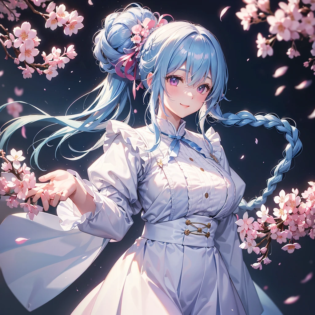 (Light blue medium hair),(Braided hair tied together)、Pink eyes、Fair skin、(whole body)、(uniform)、Cherry Blossoms at Night、A big smile、A dignified figure、solo、(masterpiece、Highest quality、Very detailed、Best Shadow)、(Detailed Background)、(Beautifully detailed face)、High contrast、(Best lighting、Very delicate and beautiful)、((Cinematic Light))、colorful、Hyper Detail、Dramatic Light、Exquisite detail、