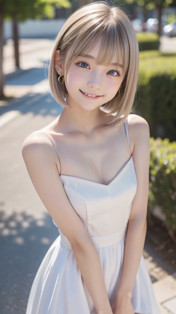 1girl, , Famous idol, 1cute girl, very young face, detailed face, cute face, master piece , best quality , woman , bowler hat , bangs , smile , outdoor, Shiny platinum blonde silky super short hair, side locks, beautiful shiny bangs, big clear sky blue eyes, very beautiful light eye highlights, earrings, ((full nude1.8)),