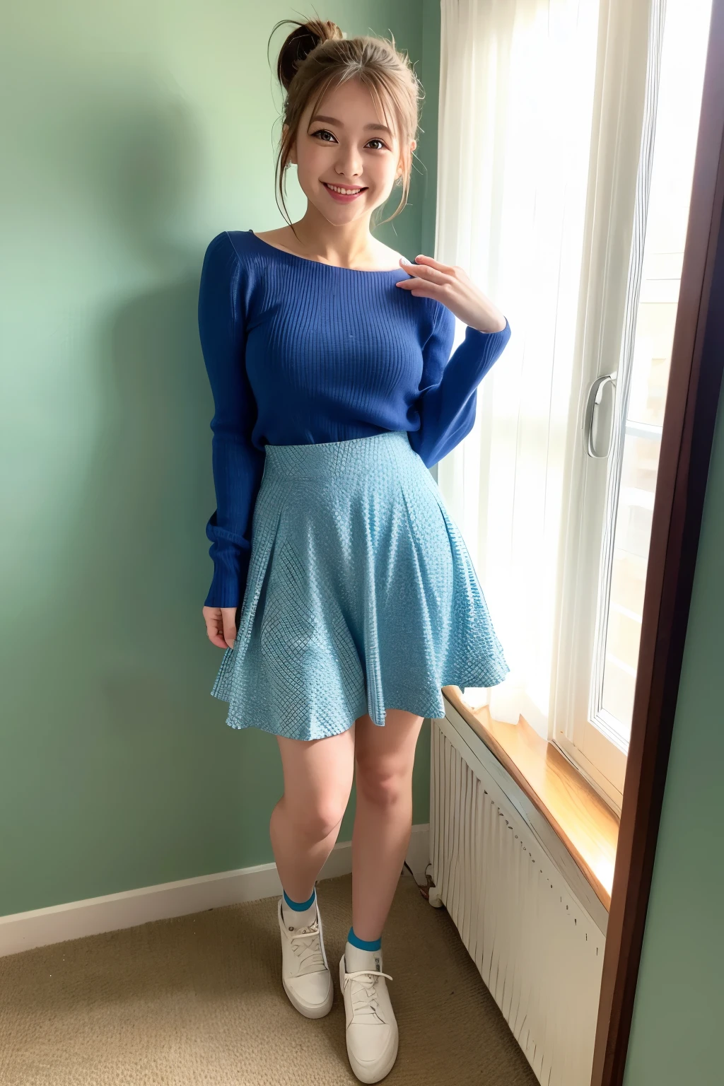 Standing in a cute room、Cute young girl with ponytail、Her hair is blue、Makeup and a pretty face like an idol、Smiling、Cute outfitini skirt、Full body portrait