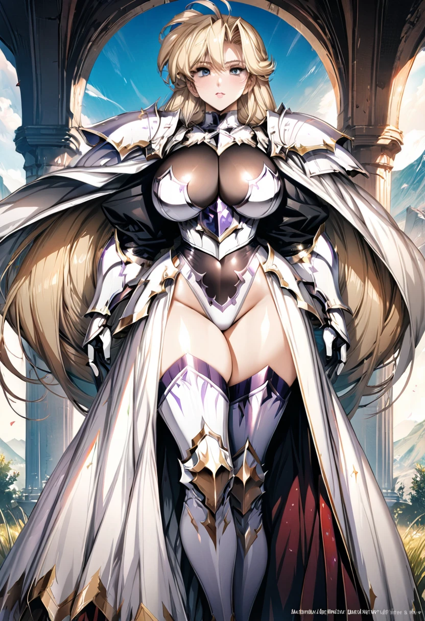 ((highest quality)), ((masterpiece)), ((hyperrealistic)), (detailed background), 1girl, ((curvy: 1.2)), ((Sparkling sequin lame leotard: 1.3)), ((catsuit)), ((white paladin armor)), ((long skirt)), ((armored dress)), cloak de cour, gauntlet, gloves, belt, Blonde hair, ahoge, (huge breasts), (see-through cleavage cutout), (zettai ryouiki armored thigh high boots), (thighs), beautiful eyes, perfect face, Perfect hands, perfect fingers, Blue sky and grassland,