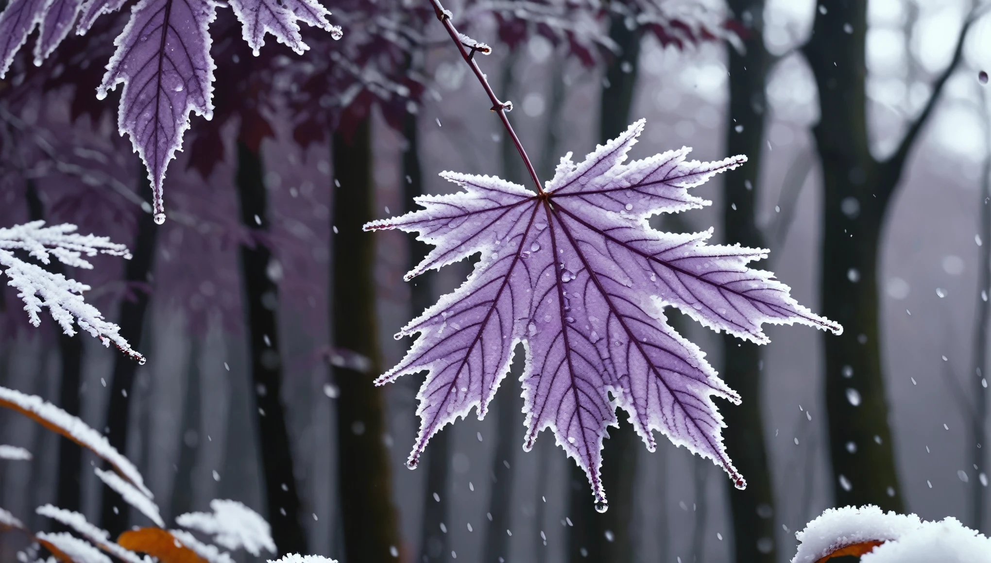 light purple leaves,winter leaves, magical round leaves leaves falling, snow is falling thinly,nature documentry footage, youtube video screenshot, today's featured photography 4k, autumn rain turkel, nature photography 4k, november, cinematic widescreen shot, leaves and magic, high quality screenshot, 2 0 2 1 cinematic 4 k framegrab, wide screenshot