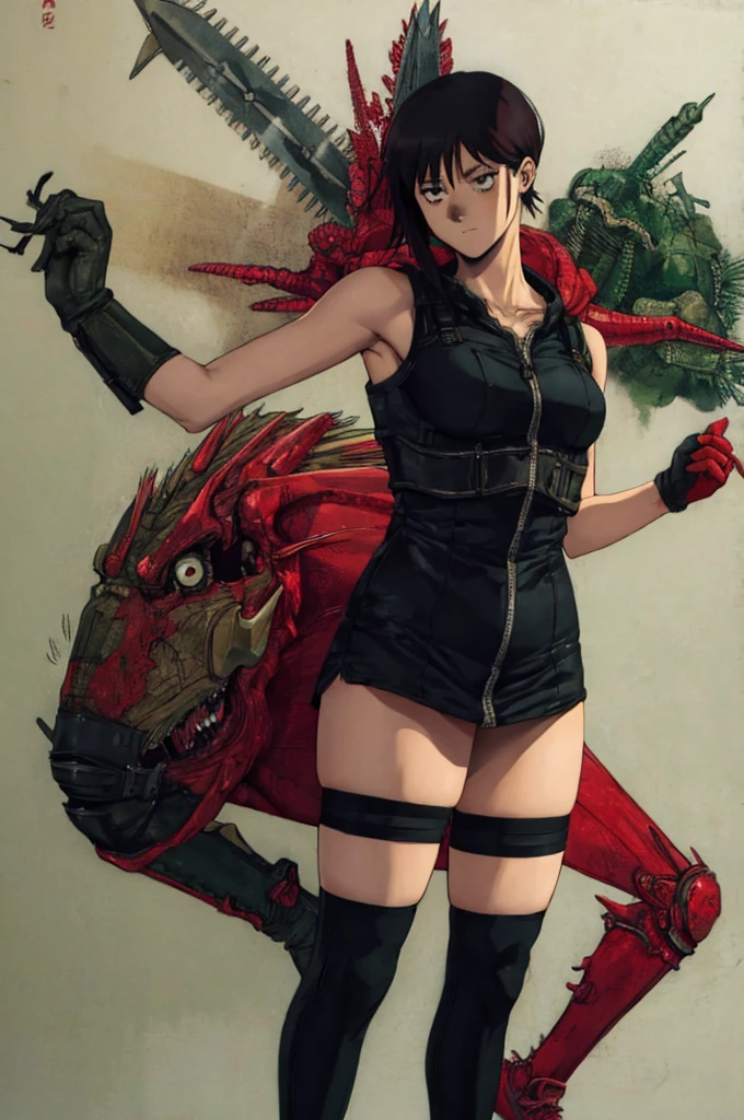 Kobeni Higashiyama from Chainsawman, sexy girl with black hair, slender body,  size, black stockings, Dorohedoro Style