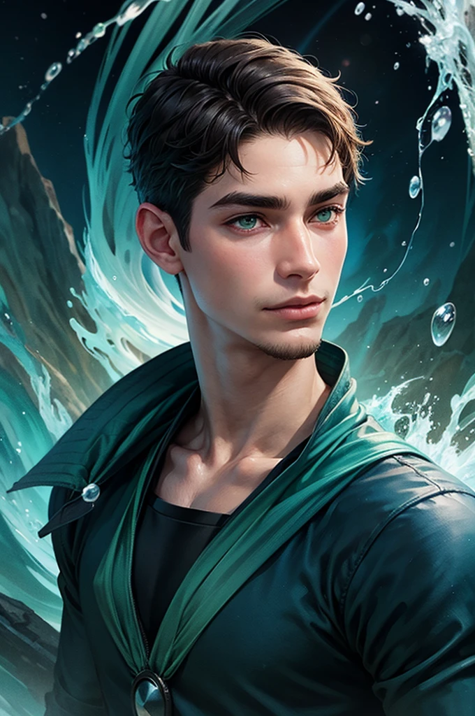 Portrait drawing, show the full head. deep Underwater man with short cut brown hair pulled back, green eyes and a hooked nose. He looks relaxed, his eyebrows are straight. He has a short mustache and goatee. He is wielding waterbending magic. The suroundings is dark blue sea waters, bubbles.