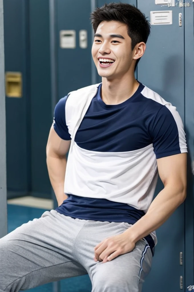 Korean man, Inspiration from Peng Yuyan, 23 years old, Korean muscular man ,The locker room is in the back, tight sports t-shirts, navy blue., open mouth smile