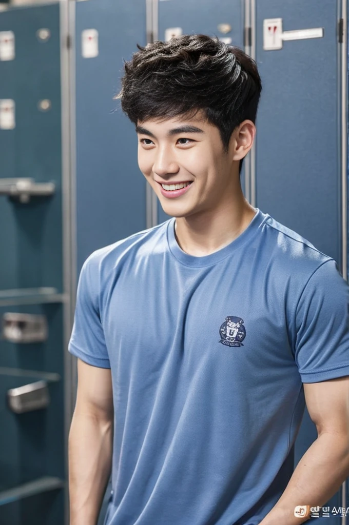 Korean man, Inspiration from Peng Yuyan, 23 years old, Korean muscular man ，The locker room is in the back, tight sports t-shirts, navy blue., open mouth smile