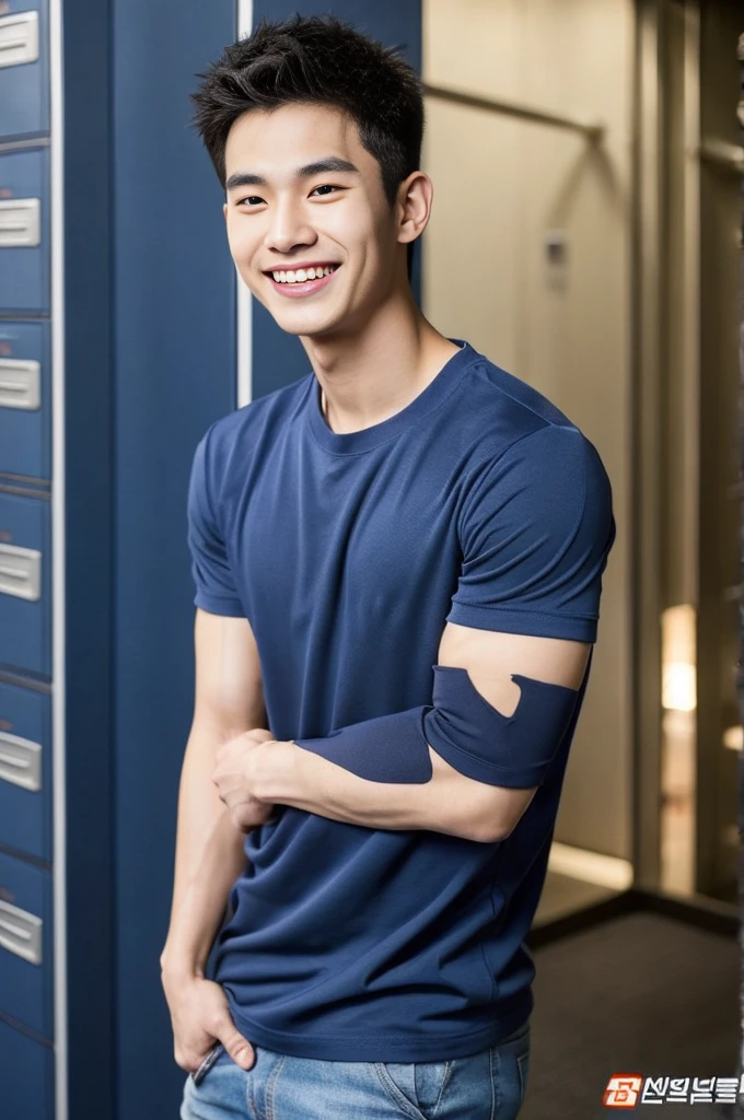 Korean man, Inspiration from Peng Yuyan, 23 years old, Korean muscular man ，The locker room is in the back, tight sports t-shirts, navy blue., open mouth smile