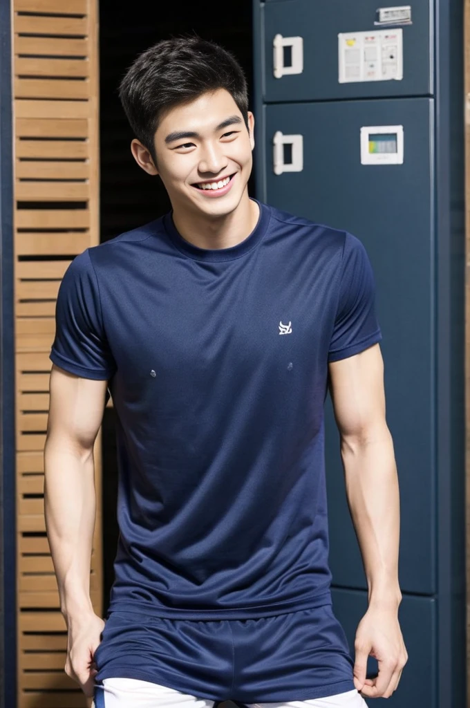 Korean man, Inspiration from Peng Yuyan, 23 years old, Korean muscular man ，The locker room is in the back, tight sports t-shirts, navy blue., open mouth smile