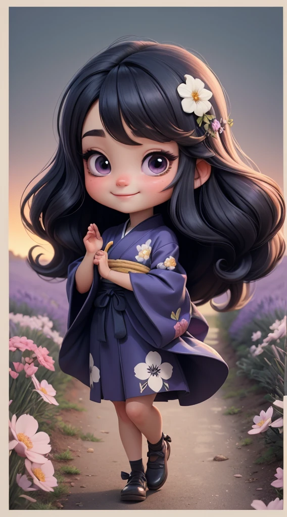 Create a baby chibi version of the Alice character in an 8K resolution. As a coloring book, the color should be black and white, the border should be simple, with the same line thickness, clear, and bold. A beautiful Asian girl with long, flowing black hair adorned with a delicate [lavender hair ornament] is strolling through the picturesque [lavender fields] of Furano, Hokkaido. She is wearing a stunning [kimono with lavender pattern], the vibrant purple colors contrasting with the vast expanse of blooming lavender. The girl's expression exudes a sense of tranquility and joy as she immerses herself in the beauty of the fragrant flowers, It's sunny, Detailed eyes, clear outlines, kawaii pose, A smile, Raise your right hand, Eye Up, Laugh, radiant light, Taken from the side. She should look adorable and cute. Give him a smiling expression and a sweet smile on his face, capturing the essence of the character in a delicate and charming way.