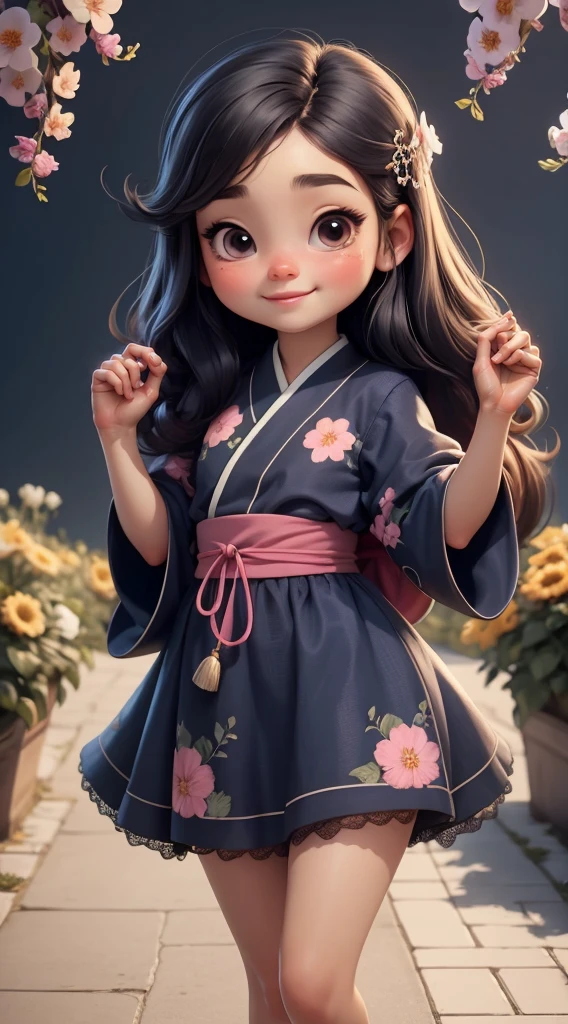 Create a baby chibi version of the Alice character in an 8K resolution. As a coloring book, the color should be black and white, the border should be simple, with the same line thickness, clear, and bold. A beautiful Asian girl with long, flowing black hair adorned with a delicate [lavender hair ornament] is strolling through the picturesque [lavender fields] of Furano, Hokkaido. She is wearing a stunning [kimono with lavender pattern], the vibrant purple colors contrasting with the vast expanse of blooming lavender. The girl's expression exudes a sense of tranquility and joy as she immerses herself in the beauty of the fragrant flowers, It's sunny, Detailed eyes, clear outlines, kawaii pose, A smile, Raise your right hand, Eye Up, Laugh, radiant light, Taken from the side. She should look adorable and cute. Give him a smiling expression and a sweet smile on his face, capturing the essence of the character in a delicate and charming way.