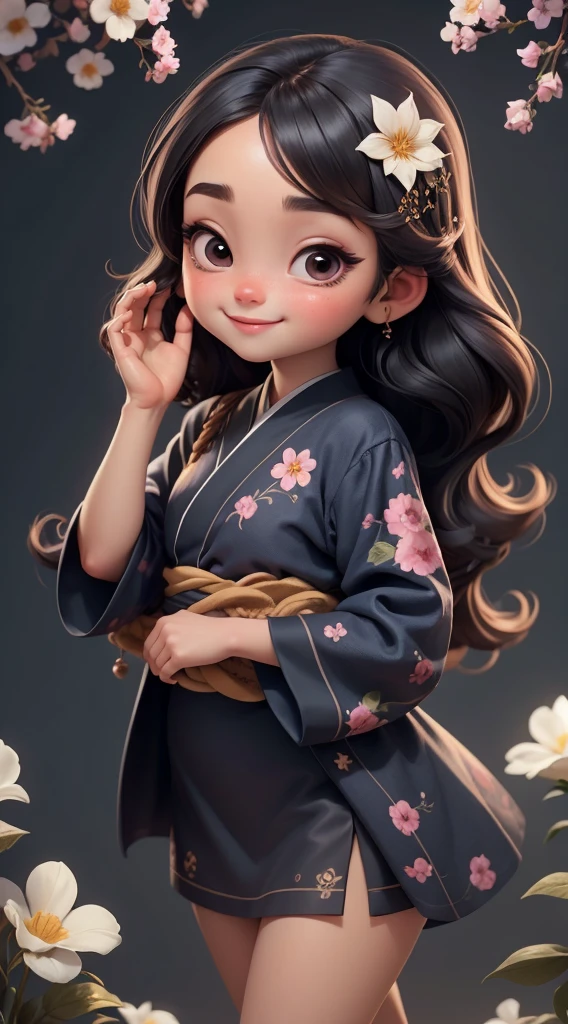 Create a baby chibi version of the Alice character in an 8K resolution. As a coloring book, the color should be black and white, the border should be simple, with the same line thickness, clear, and bold. A beautiful Asian girl with long, flowing black hair adorned with a delicate [lavender hair ornament] is strolling through the picturesque [lavender fields] of Furano, Hokkaido. She is wearing a stunning [kimono with lavender pattern], the vibrant purple colors contrasting with the vast expanse of blooming lavender. The girl's expression exudes a sense of tranquility and joy as she immerses herself in the beauty of the fragrant flowers, It's sunny, Detailed eyes, clear outlines, kawaii pose, A smile, Raise your right hand, Eye Up, Laugh, radiant light, Taken from the side. She should look adorable and cute. Give him a smiling expression and a sweet smile on his face, capturing the essence of the character in a delicate and charming way.