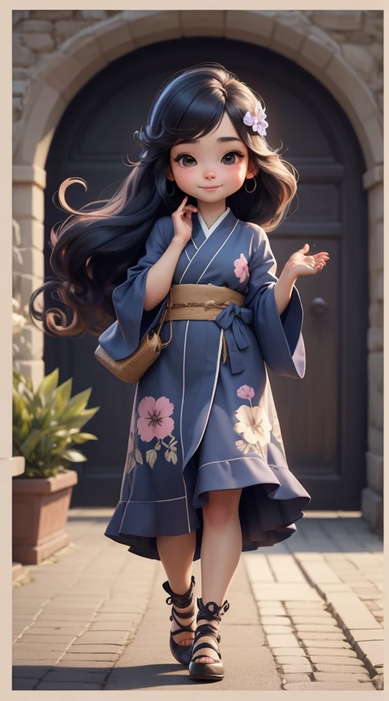 Create a baby chibi version of the Alice character in an 8K resolution. As a coloring book, the color should be black and white, the border should be simple, with the same line thickness, clear, and bold. A beautiful Asian girl with long, flowing black hair adorned with a delicate [lavender hair ornament] is strolling through the picturesque [lavender fields] of Furano, Hokkaido. She is wearing a stunning [kimono with lavender pattern], the vibrant purple colors contrasting with the vast expanse of blooming lavender. The girl's expression exudes a sense of tranquility and joy as she immerses herself in the beauty of the fragrant flowers, It's sunny, Detailed eyes, clear outlines, kawaii pose, A smile, Raise your right hand, Eye Up, Laugh, radiant light, Taken from the side. She should look adorable and cute. Give him a smiling expression and a sweet smile on his face, capturing the essence of the character in a delicate and charming way.