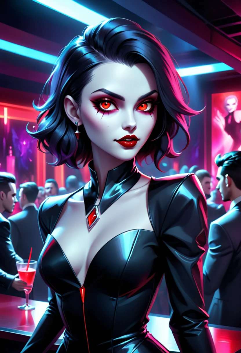 "Hyper-realistic digital painting of a futuristic vampire in a sleek, neon-lit nightclub. The vampire has pale, flawless skin and piercing red eyes. They are dressed in modern, stylish clothing with subtle gothic elements. The nightclub is filled with people dancing, holographic displays, and a bar with glowing drinks. The vampire exudes an aura of danger and allure, blending into the vibrant nightlife while maintaining an air of timeless elegance. Cinematic composition, trending on ArtStation."