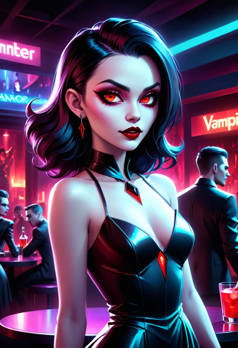 "Hyper-realistic digital painting of a futuristic vampire in a sleek, neon-lit nightclub. The vampire has pale, flawless skin and piercing red eyes. They are dressed in modern, stylish clothing with subtle gothic elements. The nightclub is filled with people dancing, holographic displays, and a bar with glowing drinks. The vampire exudes an aura of danger and allure, blending into the vibrant nightlife while maintaining an air of timeless elegance. Cinematic composition, trending on ArtStation."