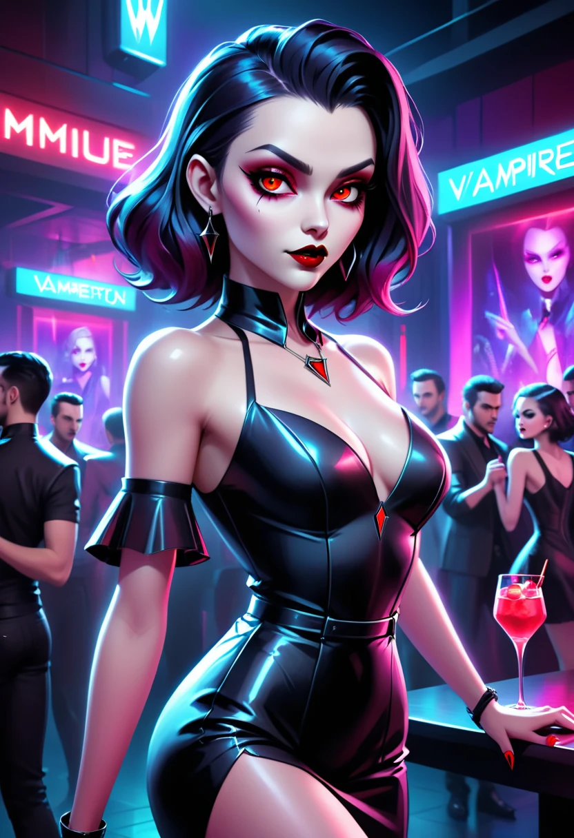 "Hyper-realistic digital painting of a futuristic vampire in a sleek, neon-lit nightclub. The vampire has pale, flawless skin and piercing red eyes. They are dressed in modern, stylish clothing with subtle gothic elements. The nightclub is filled with people dancing, holographic displays, and a bar with glowing drinks. The vampire exudes an aura of danger and allure, blending into the vibrant nightlife while maintaining an air of timeless elegance. Cinematic composition, trending on ArtStation."