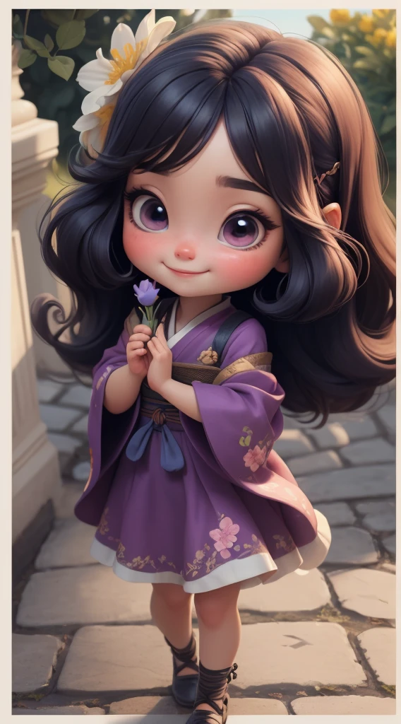 Create a baby chibi version of the Alice character in an 8K resolution. As a coloring book, the color should be black and white, the border should be simple, with the same line thickness, clear, and bold. A beautiful Asian girl with long, flowing black hair adorned with a delicate [lavender hair ornament] is strolling through the picturesque [lavender fields] of Furano, Hokkaido. She is wearing a stunning [kimono with lavender pattern], the vibrant purple colors contrasting with the vast expanse of blooming lavender. The girl's expression exudes a sense of tranquility and joy as she immerses herself in the beauty of the fragrant flowers, It's sunny, Detailed eyes, clear outlines, kawaii pose, A smile, Raise your right hand, Eye Up, Laugh, radiant light, Taken from the side. She should look adorable and cute. Give him a smiling expression and a sweet smile on his face, capturing the essence of the character in a delicate and charming way.
