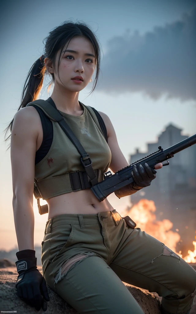 (8K, RAW photos, best quality, masterpiece:1.2),(Practical, Practicalな写真:1.4),(非常に詳細な CG Unity 8K 壁紙),(Round Face: 1.5), (Fine pupils:1.3),(Cold eyes:1.1),(Smile:1.1),(Unforgettable eyes:1.1),(You have beautiful eyes:1.1),
24 years old, Japanese women, Dirty face, covered in wounds、Bronze skin, You are wearing clothes.s. Marines,Bulletproof vest、Backpack、heavy machine、 Battles on the battlefield, Strong muscles, World War, Modern warfare theme,Girl, Assault rifle with precise details, (Grip the rifle: 1.3), (Aim and hold the rifle.: 1.3), Shootout, , car on fire, War Zone,, explode, Burning City, cigarette, Broken Tower, belly button, Gloves, Torn pants, Face covered in dirt and blood, Sweating of the skin, Bloody Skin, muddy skin, Declaration of determination, Precise expression, best quality, Ultra-high resolution, Practicalな, 、Physically Based Rendering(Physically Based Rendering(Physically Based Rendering)), Cinema Lighting, complicated, Feeling,Soft Light, Pleasant tone, Battlefield Background, city war background, Practical, Cowboy shooting, Dynamic Angle,, Mahindra Thar, electric wire, 8K!!, 偉大なmasterpiece,, Production: Tom Karafik,