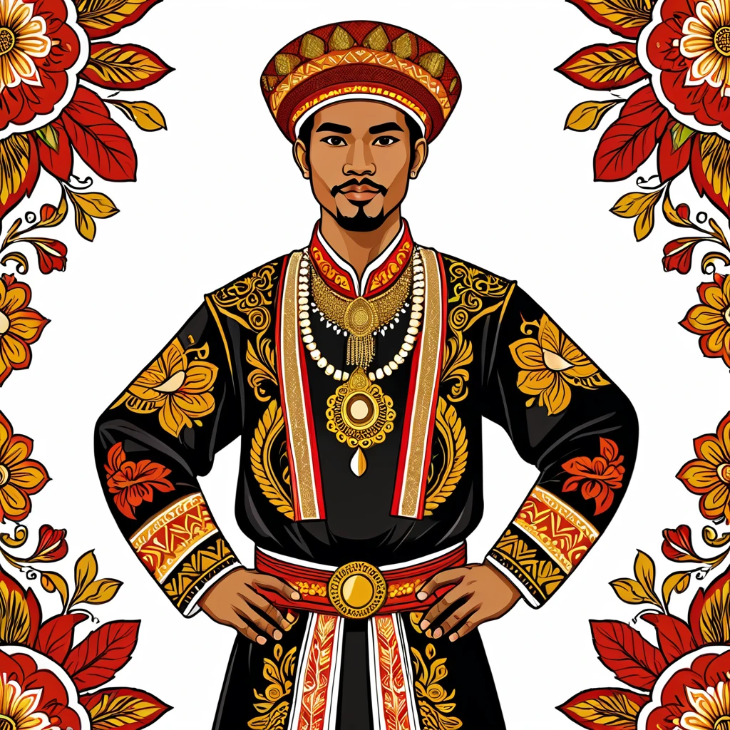 man in indonesian folk outfit, vector graphics, strong contours