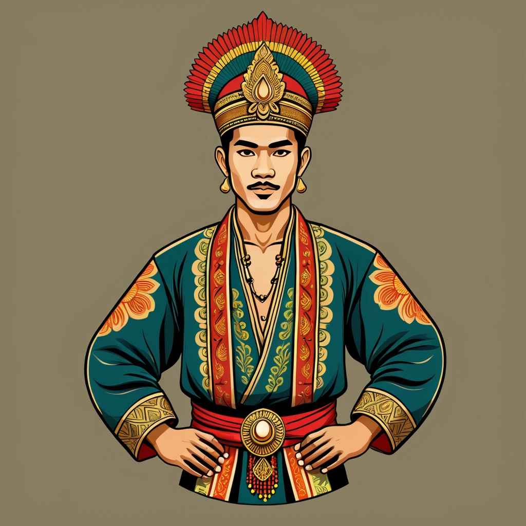 man in indonesian folk outfit, vector graphics, strong contours