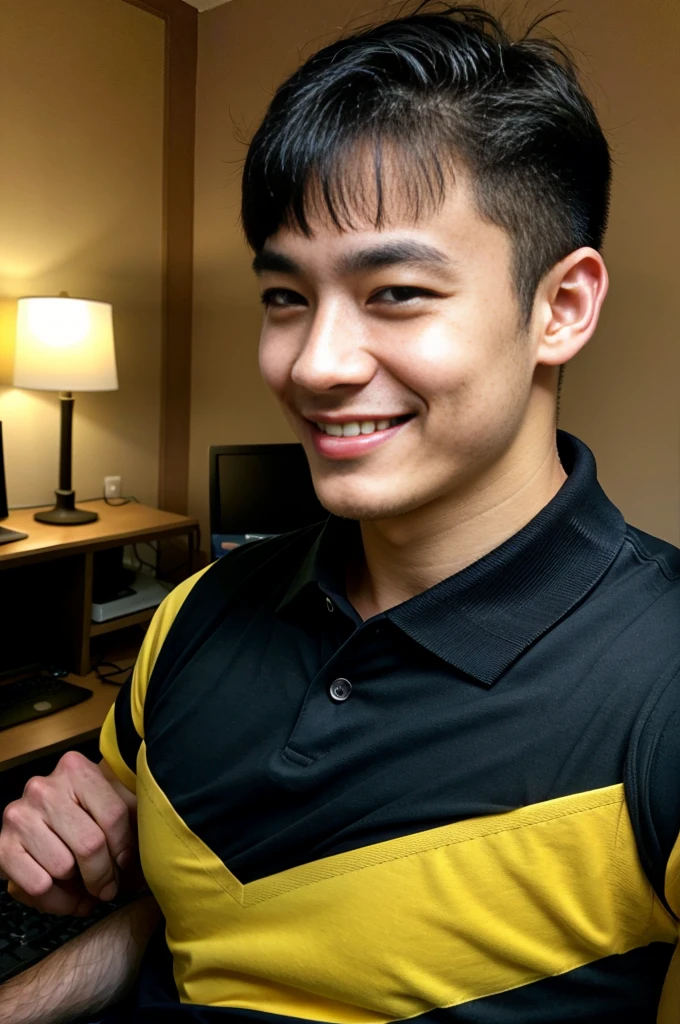 (best quality, 4K, 8k, high resolution, Masterpiece: 1.2), Special details, (realistically, As realistic as a photo, photo realistic: 1.37), Edge lighting, Extra detailed coloring, sharp focus, Physical rendering ,Extremely detailed description,professional,light color,Bokeh,Portrait,look at the viewer,
Young Asian man, 20 years old ,(Wearing a black polo shirt.), smile ,Computer room