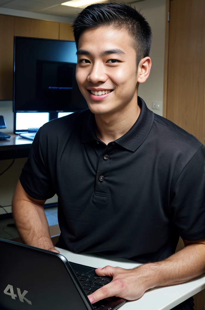 (best quality, 4K, 8k, high resolution, Masterpiece: 1.2), Special details, (realistically, As realistic as a photo, photo realistic: 1.37), Edge lighting, Extra detailed coloring, sharp focus, Physical rendering ,Extremely detailed description,professional,light color,Bokeh,Portrait,look at the viewer,
Young Asian man, 20 years old ,(Wearing a black polo shirt.), smile ,Computer room