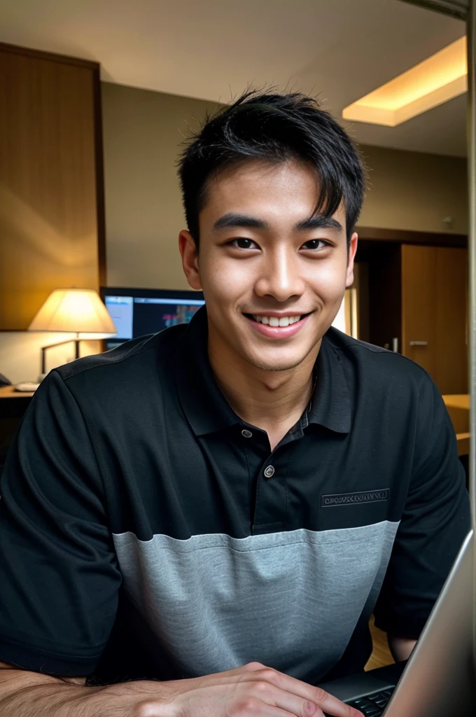 (best quality, 4K, 8k, high resolution, Masterpiece: 1.2), Special details, (realistically, As realistic as a photo, photo realistic: 1.37), Edge lighting, Extra detailed coloring, sharp focus, Physical rendering ,Extremely detailed description,professional,light color,Bokeh,Portrait,look at the viewer,
Young Asian man, 20 years old ,(Wearing a black polo shirt.), smile ,Computer room