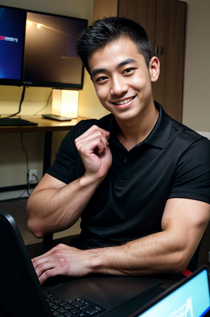 (best quality, 4K, 8k, high resolution, Masterpiece: 1.2), Special details, (realistically, As realistic as a photo, photo realistic: 1.37), Edge lighting, Extra detailed coloring, sharp focus, Physical rendering ,Extremely detailed description,professional,light color,Bokeh,Portrait,look at the viewer,
Young Asian man, 20 years old ,(Wearing a black polo shirt.), smile ,Computer room