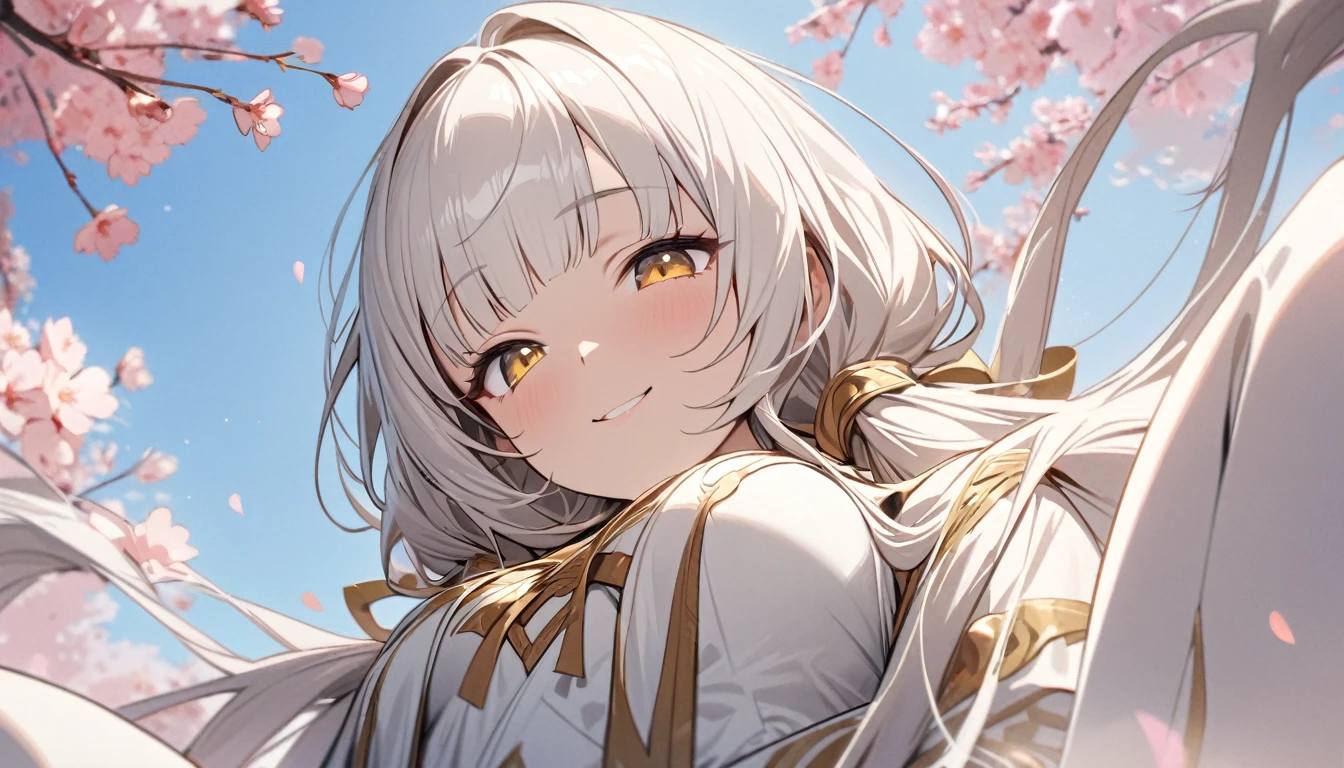 masterpiece, best quality, ultra-detailed, 1girl, flat, goddess, white clothes, white hair, very long hair, low twin tails, gold ribbon, blunt bangs, tender smile, yellow eyes, sitting, cherry blossom, looking down, looking at viewer, from below, close up of upper body, clear sky