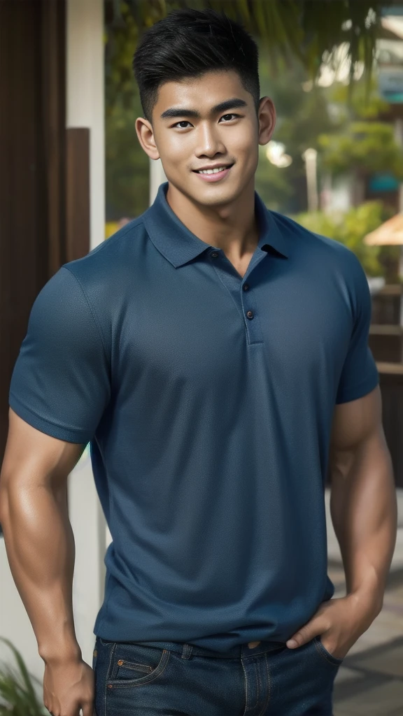 Natural light, realistic, Thai man, ทรงผมสั้น buzz cut, Handsome, muscular, big muscles, Broad shoulders, model,  Wear a tight polo shirt. dark blue jeans standing smiling , outdoor outside