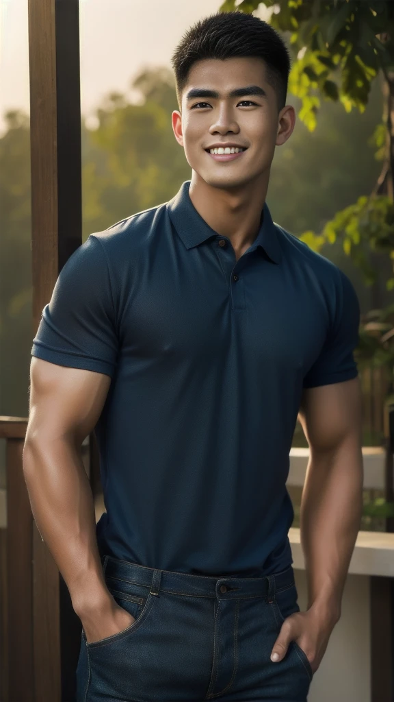 Natural light, realistic, Thai man, ทรงผมสั้น buzz cut, Handsome, muscular, big muscles, Broad shoulders, model, Wear a tight polo shirt. dark blue jeans standing smiling , outdoor outside