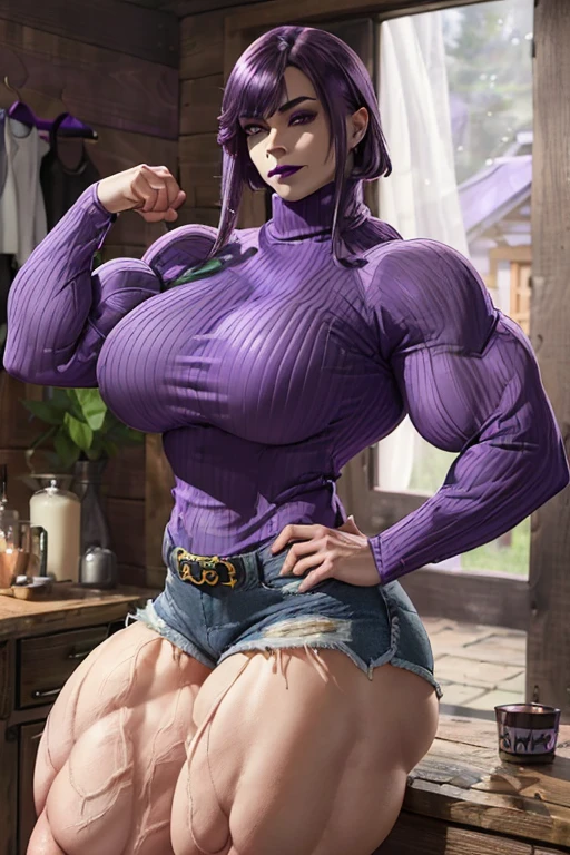 (((((Massive tall beautiful, buff, pale white skinned muscular woman with violet purple hair, black lipstick, ginormous bulky muscles and wearing a violet long sleeve turtleneck sweater and beautiful denim shorts))))), ((close view)), (massive muscles), massive biceps, hyper muscle shoulders, hyper muscle triceps, (long hair with long bangs), black eyes, (((violet purple long sleeve turtleneck sweater))), ((beautiful denim shorts)), (socks and sneakers), (sensual smile), (in a cabin at night), hyper muscles arms, hyper muscle legs, massive arms