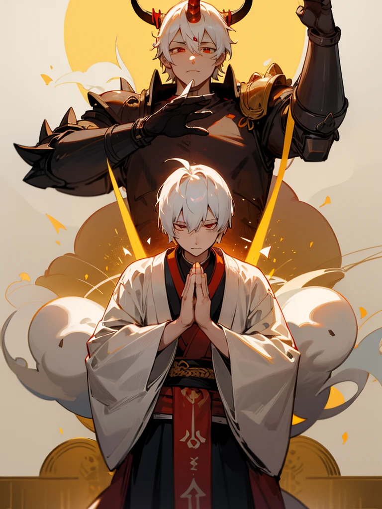 Buddha,Burning Eyes, horn, white short hair, black armor, torii, man, full moon, hands together in prayer, Zen meditation golden lion cross Japanese sword cyborg ghost