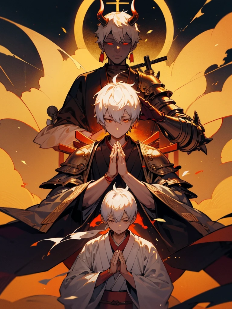 Buddha,Burning Eyes, horn, white short hair, black armor, torii, man, full moon, hands together in prayer, Zen meditation golden lion cross Japanese sword cyborg ghost