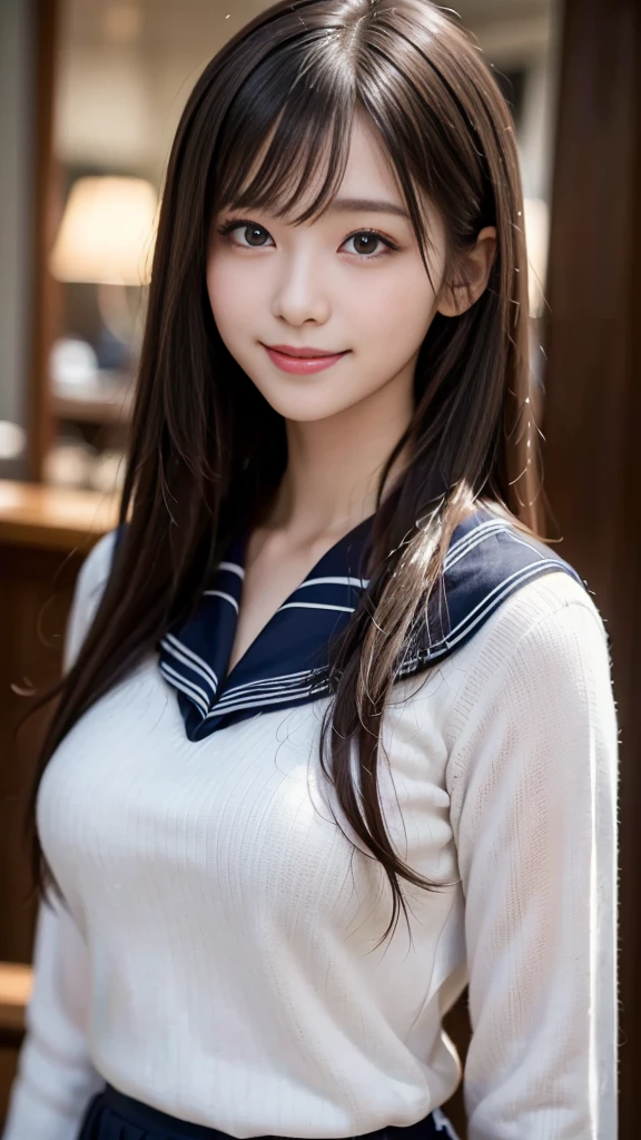 ((Highest quality、masterpiece、High resolution))、(((Zoom photo of upper body)))、(A shy smile:1.2)、15-year-old female、Beautiful Skin、Beautiful Eyes、Large Breasts、Sailor suit、Black Hair、Straight hair、Shorn bangs BAR clerk Sexy interior