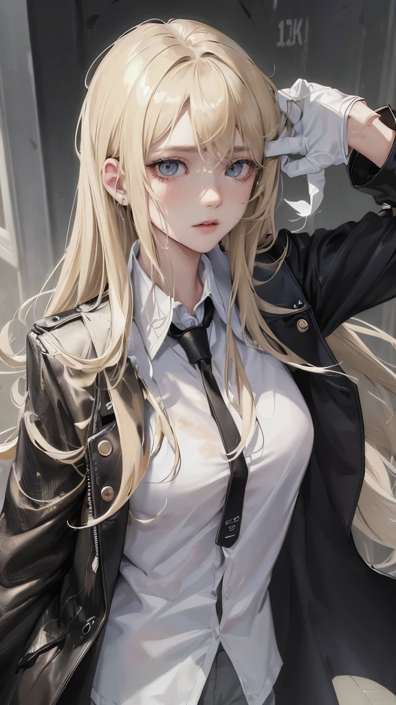 (Top resolution、Distinct_image)top-quality、A girl、masterpiece、highly detailed, half body, Semi-realistic、grey eyes 、18year old、blonde hair,young 、Exquisite facial features、Facial features ,variation potrait, injured, long hairstyles, zl apocalypse, age, cool , cold sharp eyes, An expression of despair., Torn clothes, destroyed clothes, damaged clothing, all dirty, dirty, dirt, lifeless eyes, blood on face and clothes, , {Very detailed 8k CG unit wallpaper}, Handsome, solo, female, mafia, black shirt, white pant, black gloves, white coat,