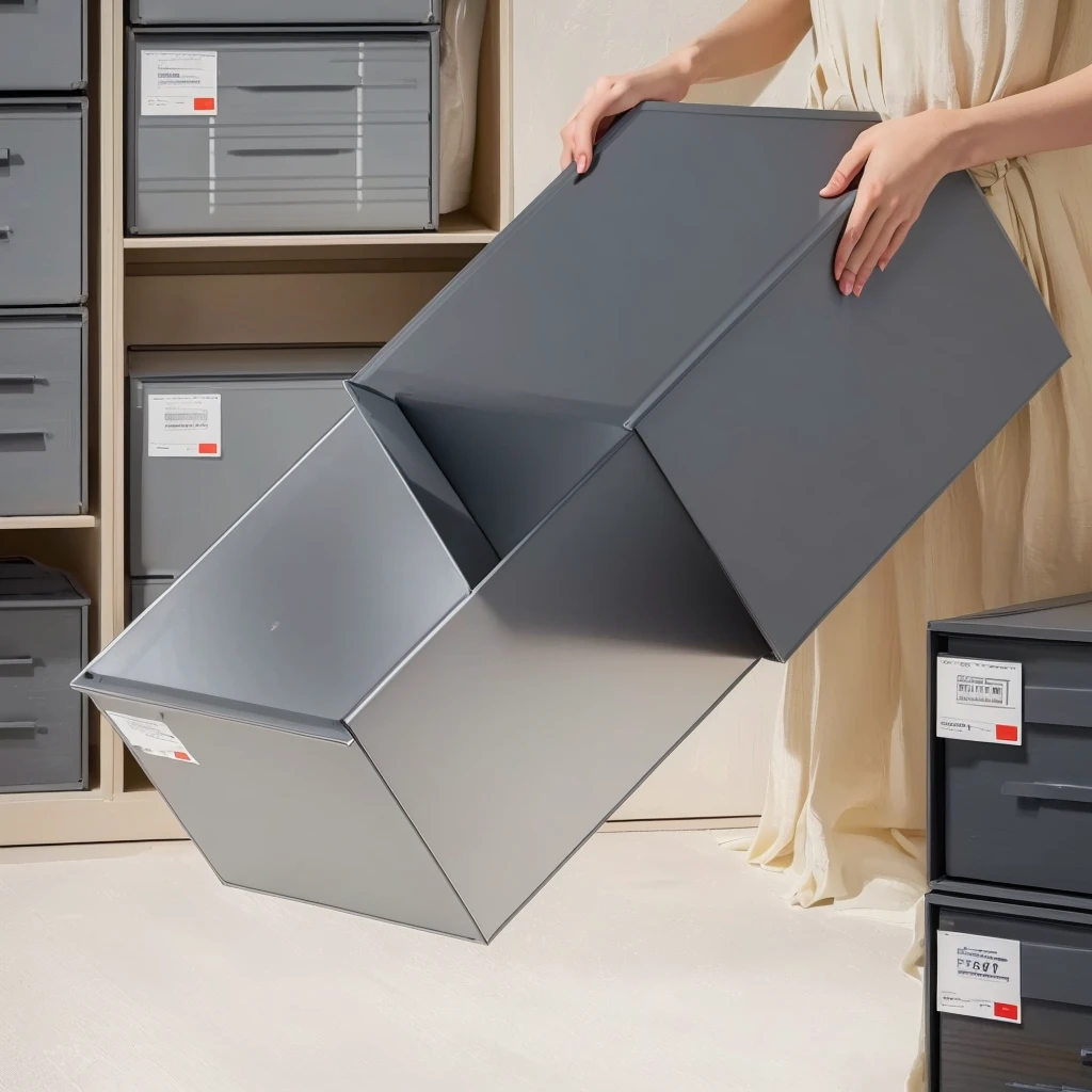 Someone opens a gray box in a room with many drawers, dynamic Angled shot, Bottom Angle, Ease of use, Quick assembly, Everyone, take your positions, grey metal body, product photo, Stylish design, Realistic and lifelike images, Interesting angles, Angled, detailed picture, Unrivaled quality, Clarity、Smooth、Clean lines, Very energetic, Easy to understand, Sophisticated design, cube