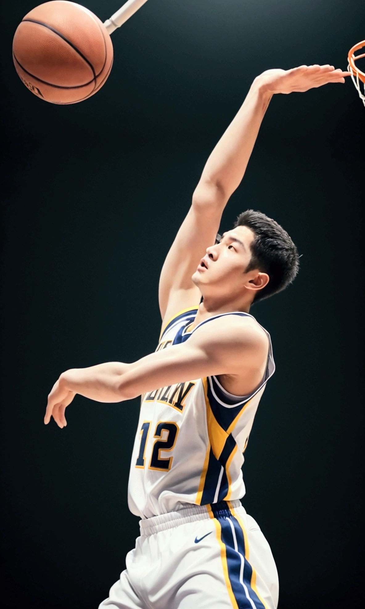 1boy, Shohei Ohtani, basketball player, dunk shoot, from below, cinematic angle, audience well up, detailed facial features, realistic, hyper-realistic, photorealistic, (best quality,4k,8k,highres,masterpiece:1.2),ultra-detailed,(realistic,photorealistic,photo-realistic:1.37),studio lighting,vivid colors,dramatic lighting,