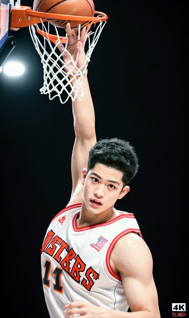 1boy, Shohei Ohtani, basketball player, dunk shoot, from below, cinematic angle, audience well up, detailed facial features, realistic, hyper-realistic, photorealistic, (best quality,4k,8k,highres,masterpiece:1.2),ultra-detailed,(realistic,photorealistic,photo-realistic:1.37),studio lighting,vivid colors,dramatic lighting,