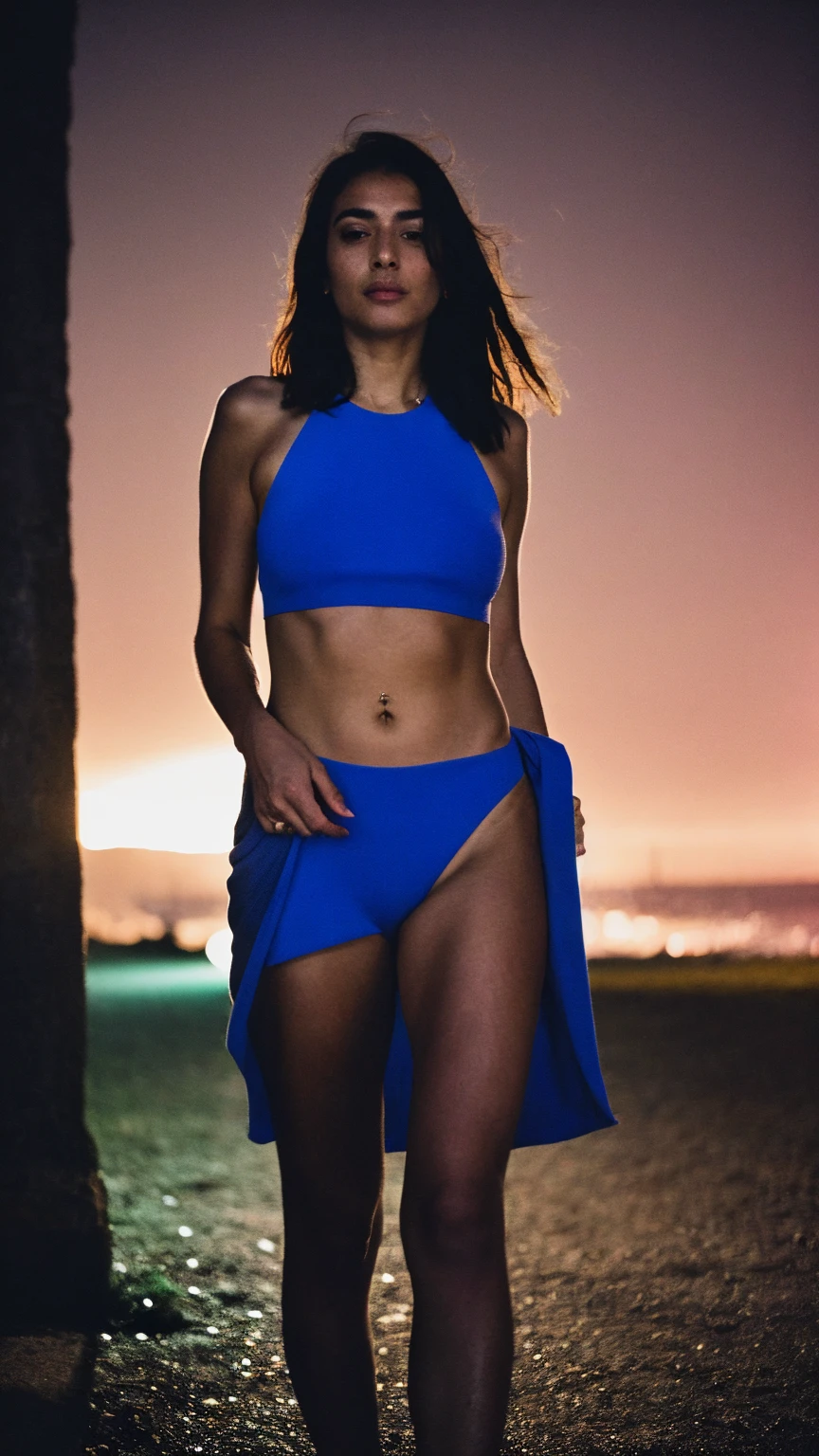 RAW photo,flash,hazy atmosphere,35mm focal lenght,fashion shoot,candid photograph,artistic,photograph of a beautiful,influencer,30yo Kurdish woman,detailed skin,fully naked,looking at viewer, candid pose,standing outside,midnight,dark,flash photo,blue light, film grain, kodak color, instagram LUT