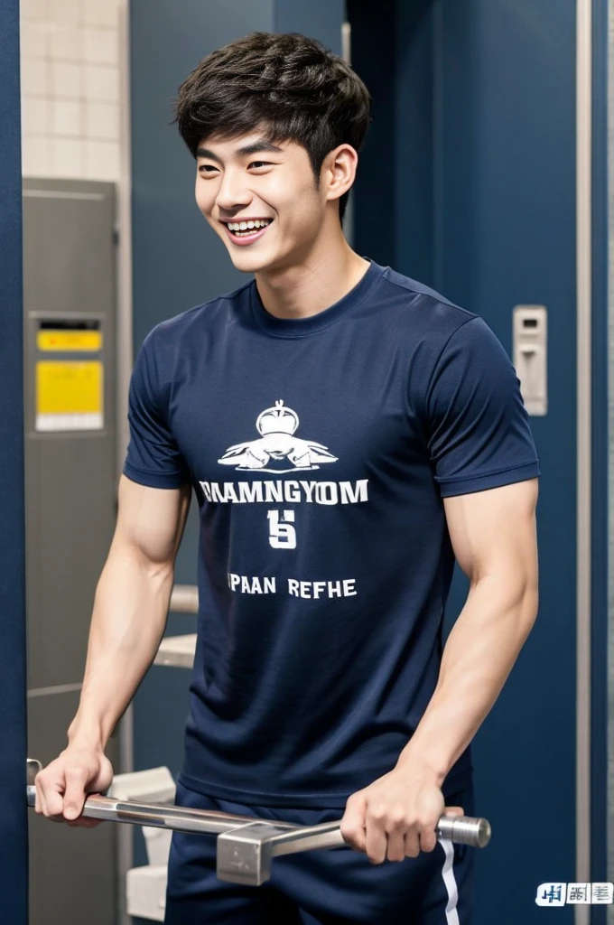 Korean man, Inspiration from Peng Yuyan, 23 years old, Korean muscular man ,The locker room is in the back, tight sports t-shirts, navy blue., open mouth smile
