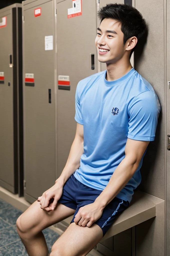 Korean man, Inspiration from Peng Yuyan, 23 years old, Korean muscular man ,The locker room is in the back, tight sports t-shirts, navy blue., open mouth smile