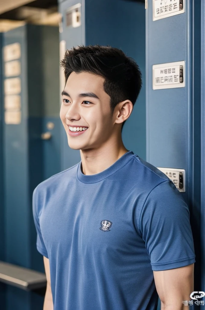 Korean man, Inspiration from Peng Yuyan, 23 years old, Korean muscular man ,The locker room is in the back, tight sports t-shirts, navy blue., open mouth smile