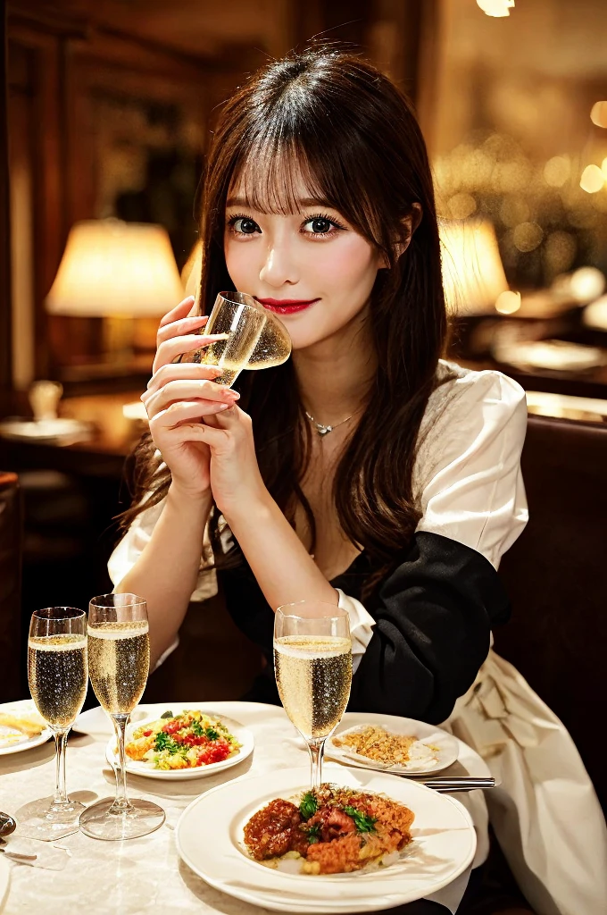 Fine dining、French、meal、indoor、Sit across the table、Sit across from the viewer、Delicious looking food、Luxury champagne、A lively interior、