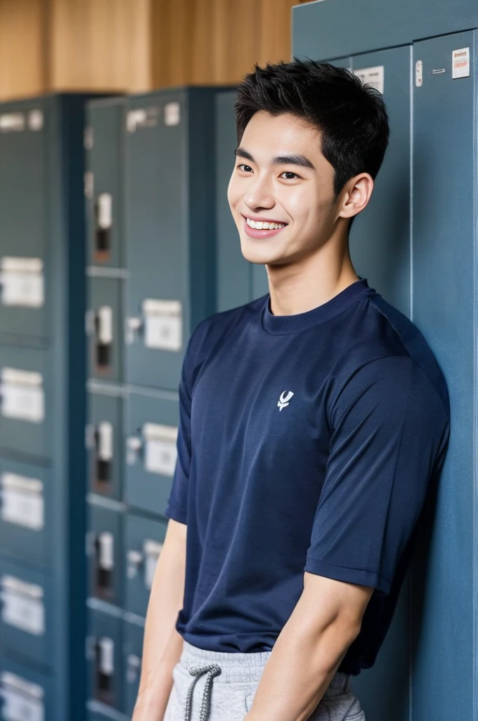 Korean man, Inspiration from Peng Yuyan, 23 years old, Korean muscular man ，The locker room is in the back, tight sports t-shirts, navy blue., open mouth smile