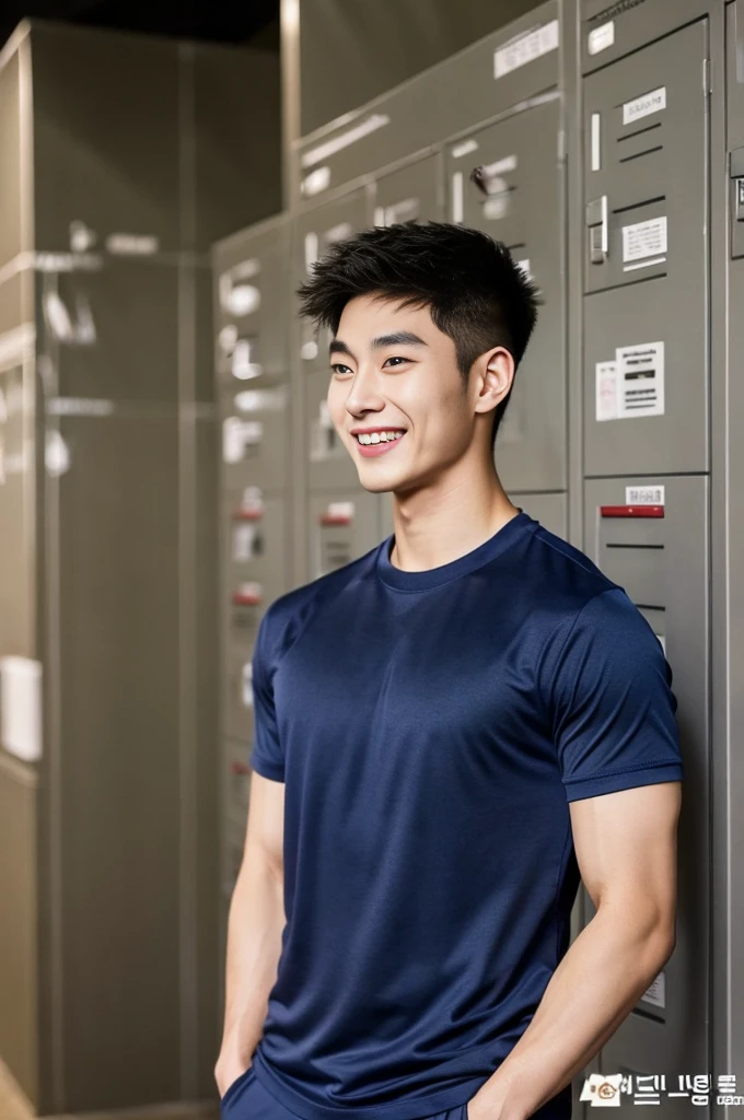 Korean man, Inspiration from Peng Yuyan, 23 years old, Korean muscular man ,The locker room is in the back, tight sports t-shirts, navy blue., open mouth smile