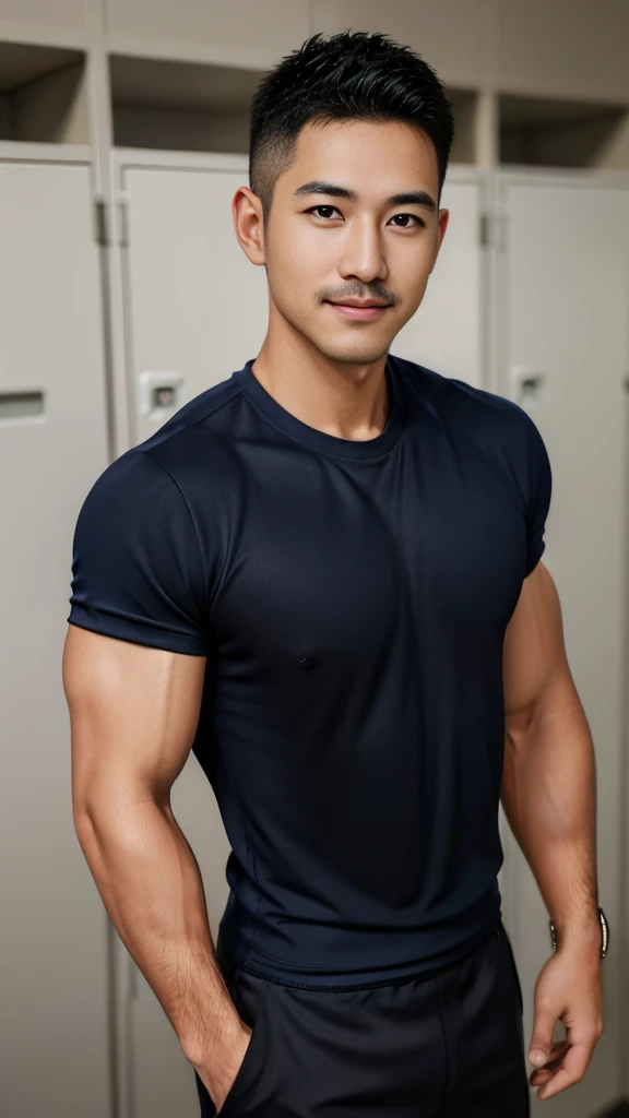 Masterpiece, best quality, high resolution, realistic, handsome, Take beautiful photos, Photo of the 35 year old gym association (The man has a thin mustache.) ,Full body, Portrait, Standing in the locker room, make military media, weight, Amazing , Buzzcut short hair,stubble head , (Hyper Muscle),looking at the audience, Flirt with the camera, charming, (Tight navy blue workout shirt. Cargo pants ),(GS-Male:1), 8k,Bokeh,Portrait,look at the viewer, smile