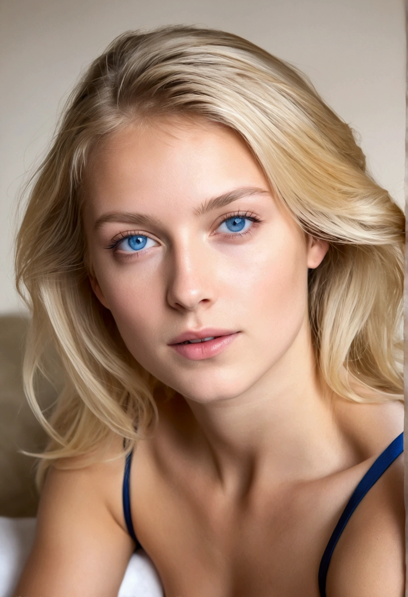 French woman, young, blond hair, blue eyes, en position de sex, toute nue 