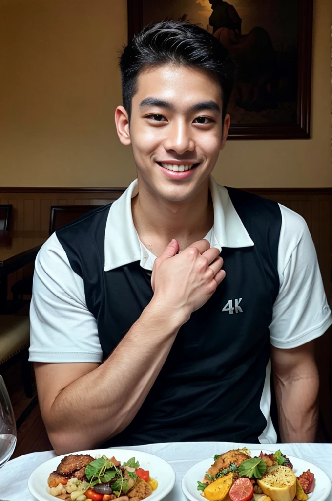 (best quality, 4K, 8k, high resolution, Masterpiece: 1.2), Special details, (realistically, As realistic as a photo, photo realistic: 1.37), Edge lighting, Extra detailed coloring, sharp focus, Physical rendering ,Extremely detailed description,professional,light color,Bokeh,Portrait,look at the viewer,
Young Asian man, 20 years old ,(Wearing a black polo shirt.), smile ,dining room