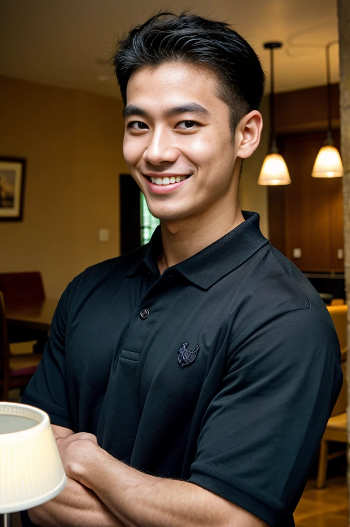 (best quality, 4K, 8k, high resolution, Masterpiece: 1.2), Special details, (realistically, As realistic as a photo, photo realistic: 1.37), Edge lighting, Extra detailed coloring, sharp focus, Physical rendering ,Extremely detailed description,professional,light color,Bokeh,Portrait,look at the viewer,
Young Asian man, 20 years old ,(Wearing a black polo shirt.), smile ,dining room