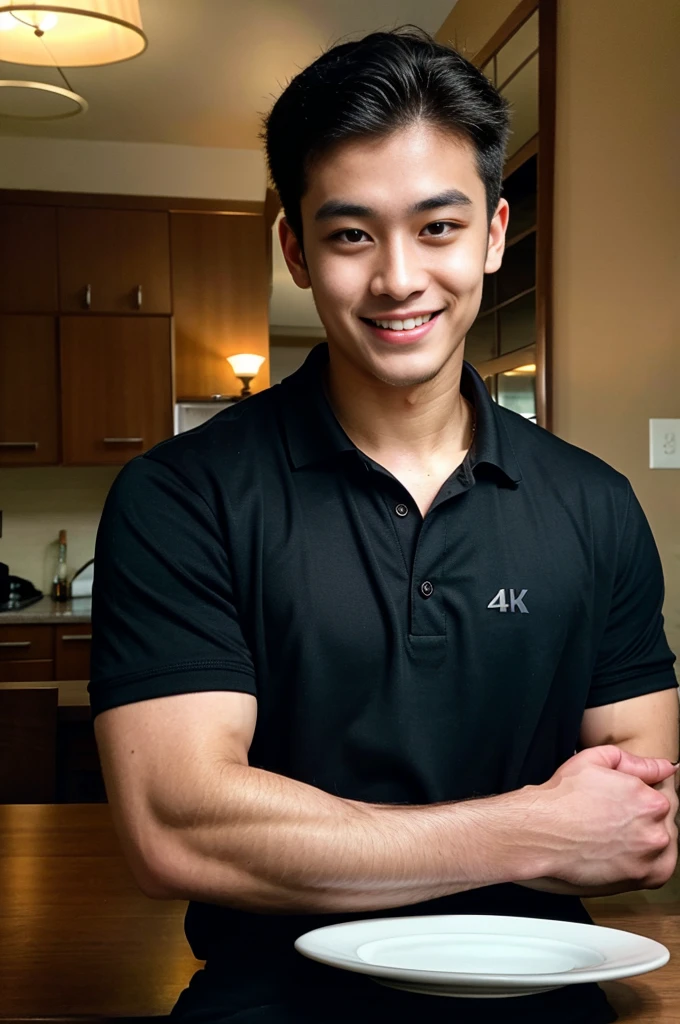 (best quality, 4K, 8k, high resolution, Masterpiece: 1.2), Special details, (realistically, As realistic as a photo, photo realistic: 1.37), Edge lighting, Extra detailed coloring, sharp focus, Physical rendering ,Extremely detailed description,professional,light color,Bokeh,Portrait,look at the viewer,
Young Asian man, 20 years old ,(Wearing a black polo shirt.), smile ,dining room